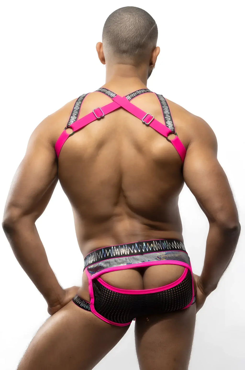Bright pink and black mesh harness style underwear with a bold patterned waistband from the electro holographic collection
