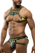 Vibrant neon green and black electro holographic harness lingerie set with bold patterned design