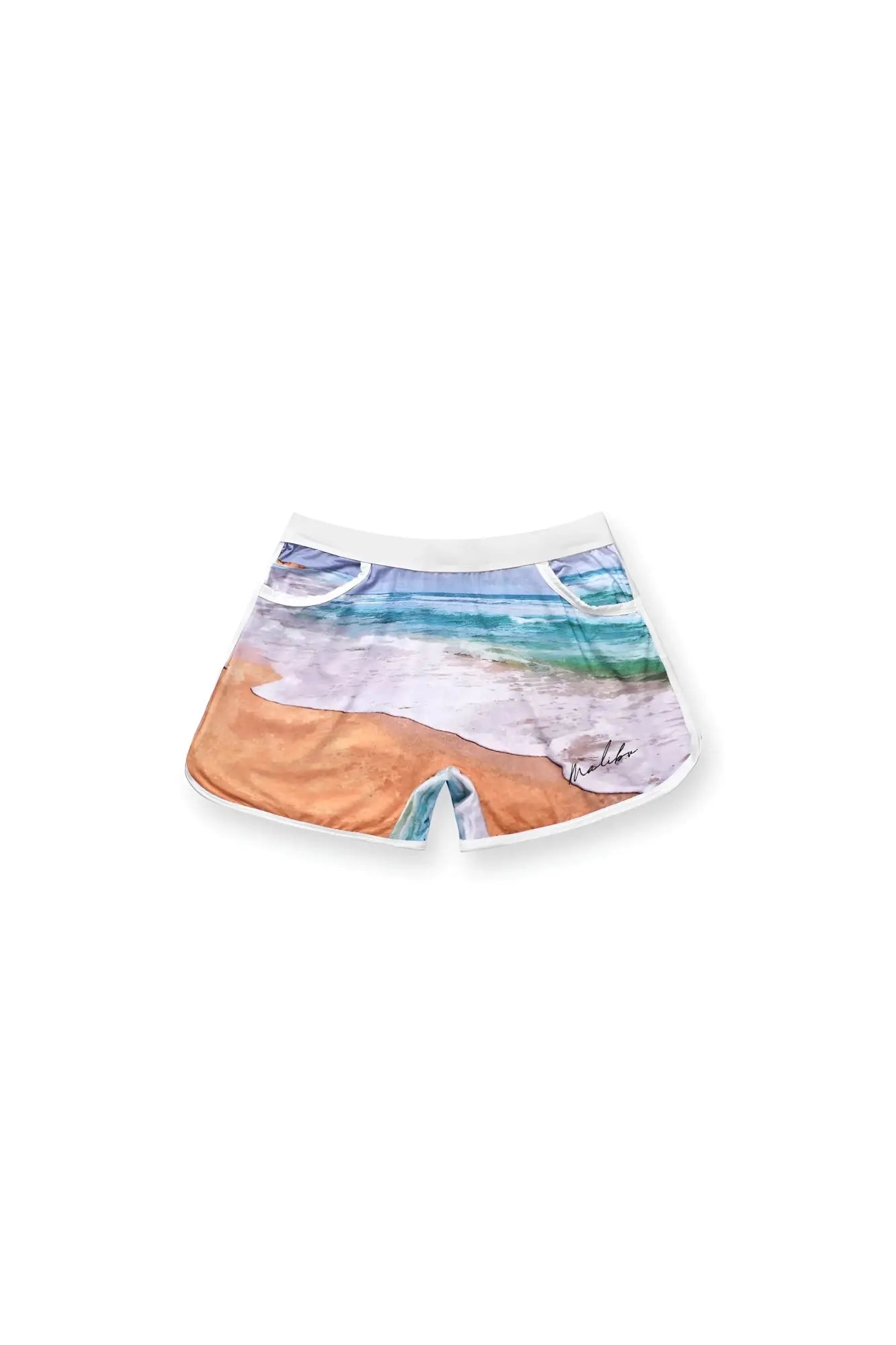 Elevate comfort 4 inch short shorts with beach-themed vibrant ocean and sand print and white waistband and trim