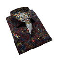 Elora S/S buttondown vibrant men’s dress shirt with black base and colorful red yellow blue green geometric patterns