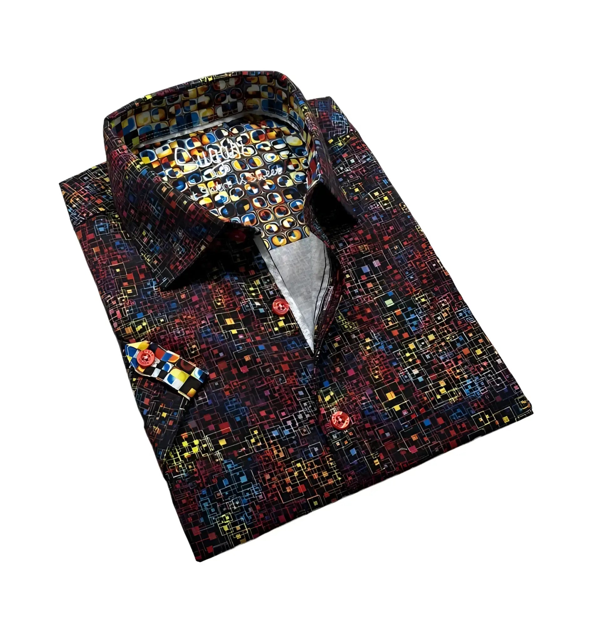 Elora S/S buttondown vibrant men’s dress shirt with black base and colorful red yellow blue green geometric patterns