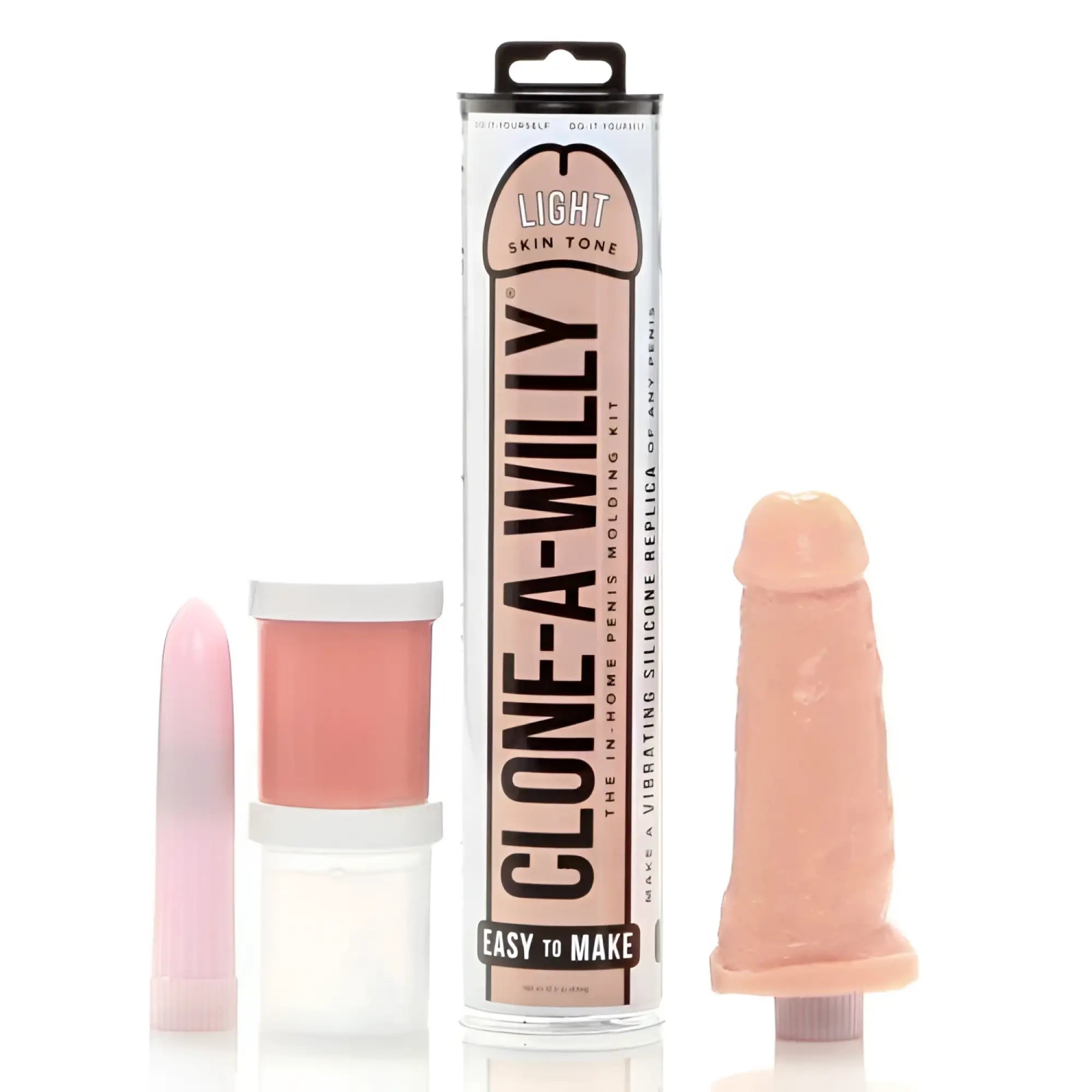 Empire Labs Clone-A-Willy kit in light skin tone featuring the cylindrical box, molding supplies, and a finished dildo.