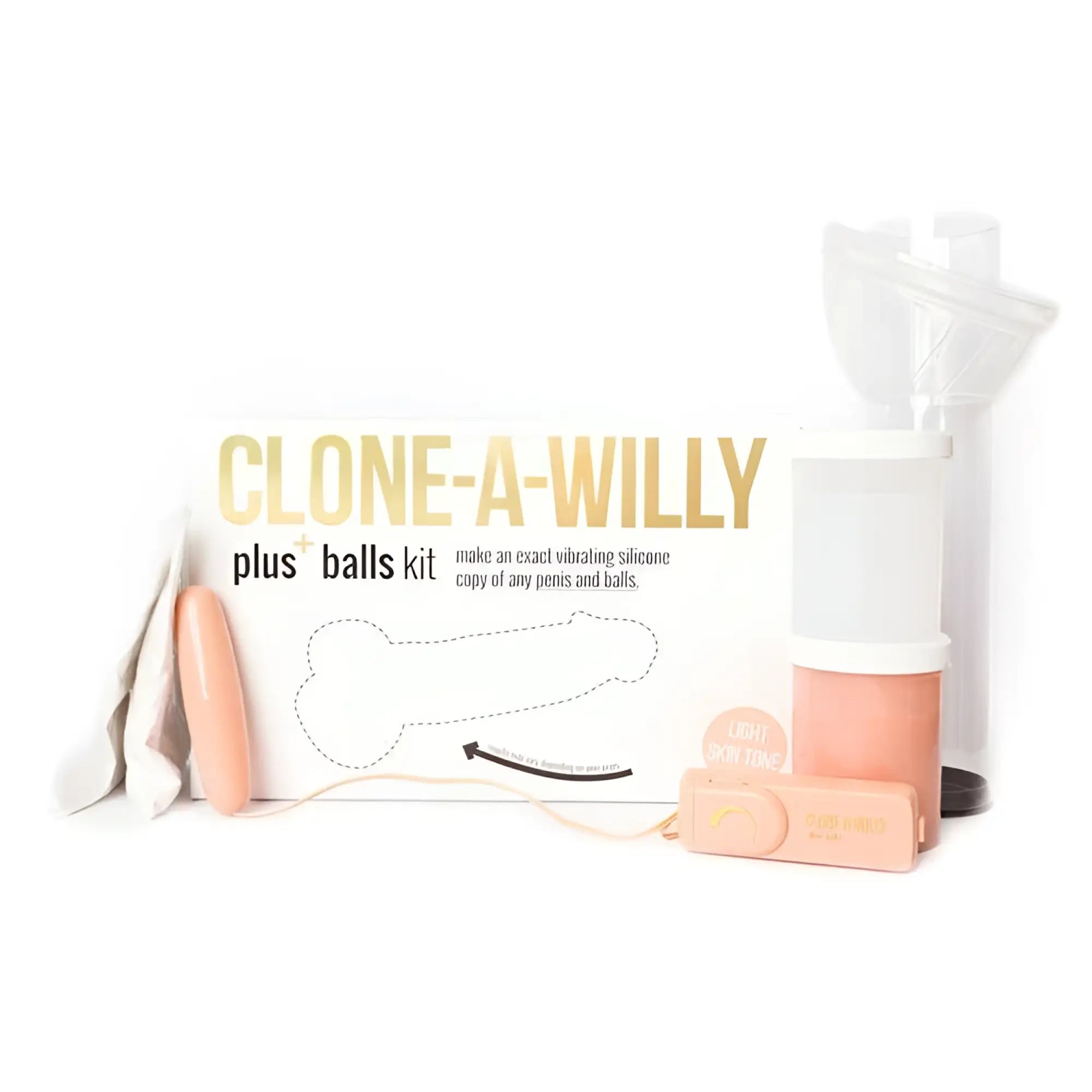 Empire Labs Clone-A-Willy Plus Balls kit in light skin tone, featuring molding supplies and a vibrating base unit.