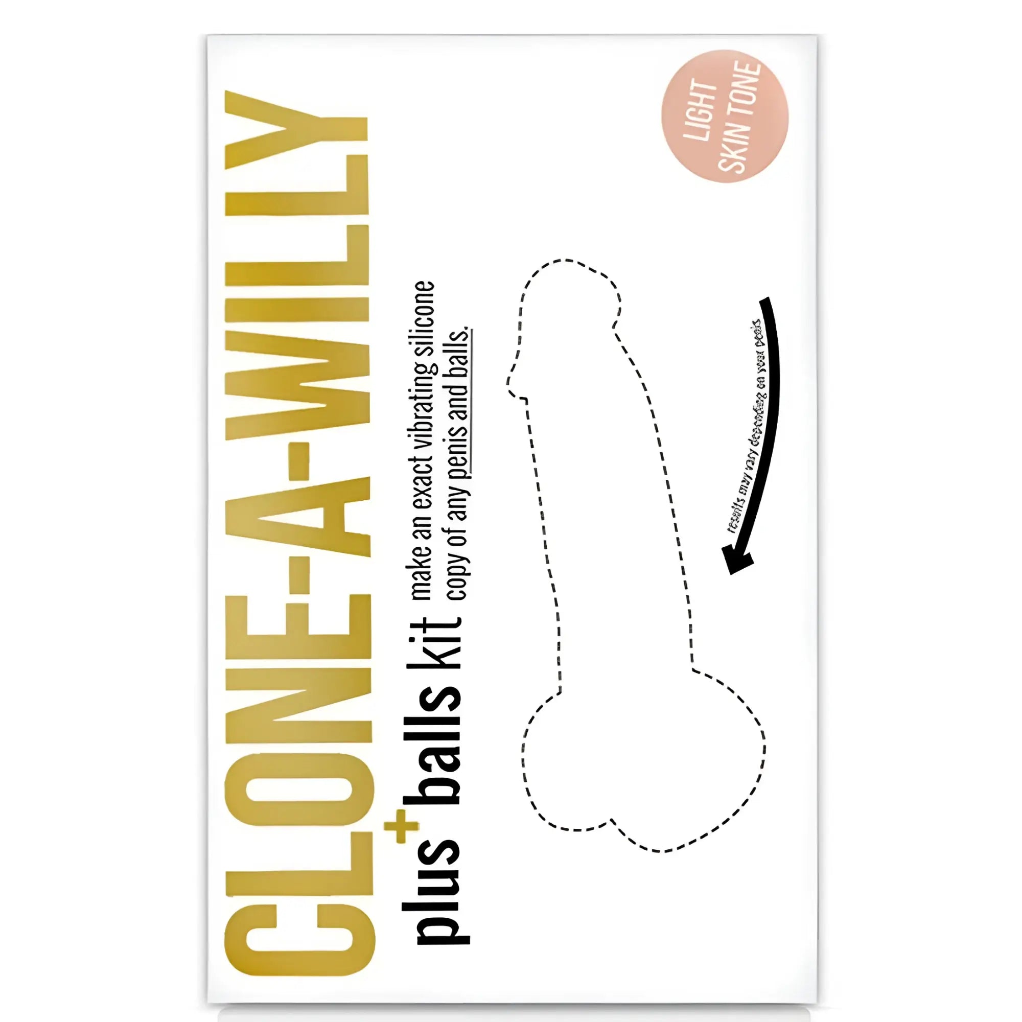 Empire Labs Clone-A-Willy Plus Balls kit in light skin tone. White packaging with gold text and dotted outline graphic.
