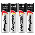 A pack of four Energizer AA alkaline batteries featuring silver bodies with black tops and iconic red swoosh logos.