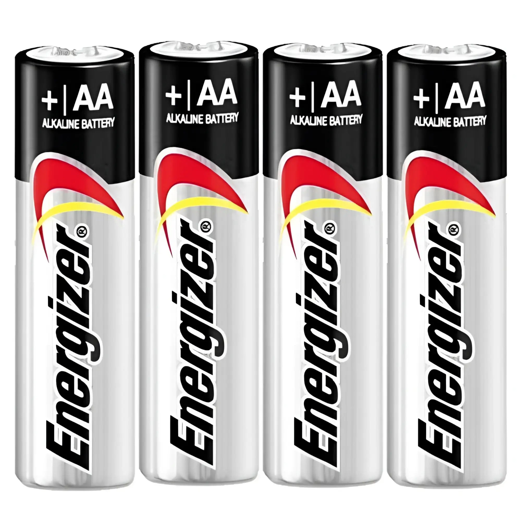 A pack of four Energizer AA alkaline batteries featuring silver bodies with black tops and iconic red swoosh logos.