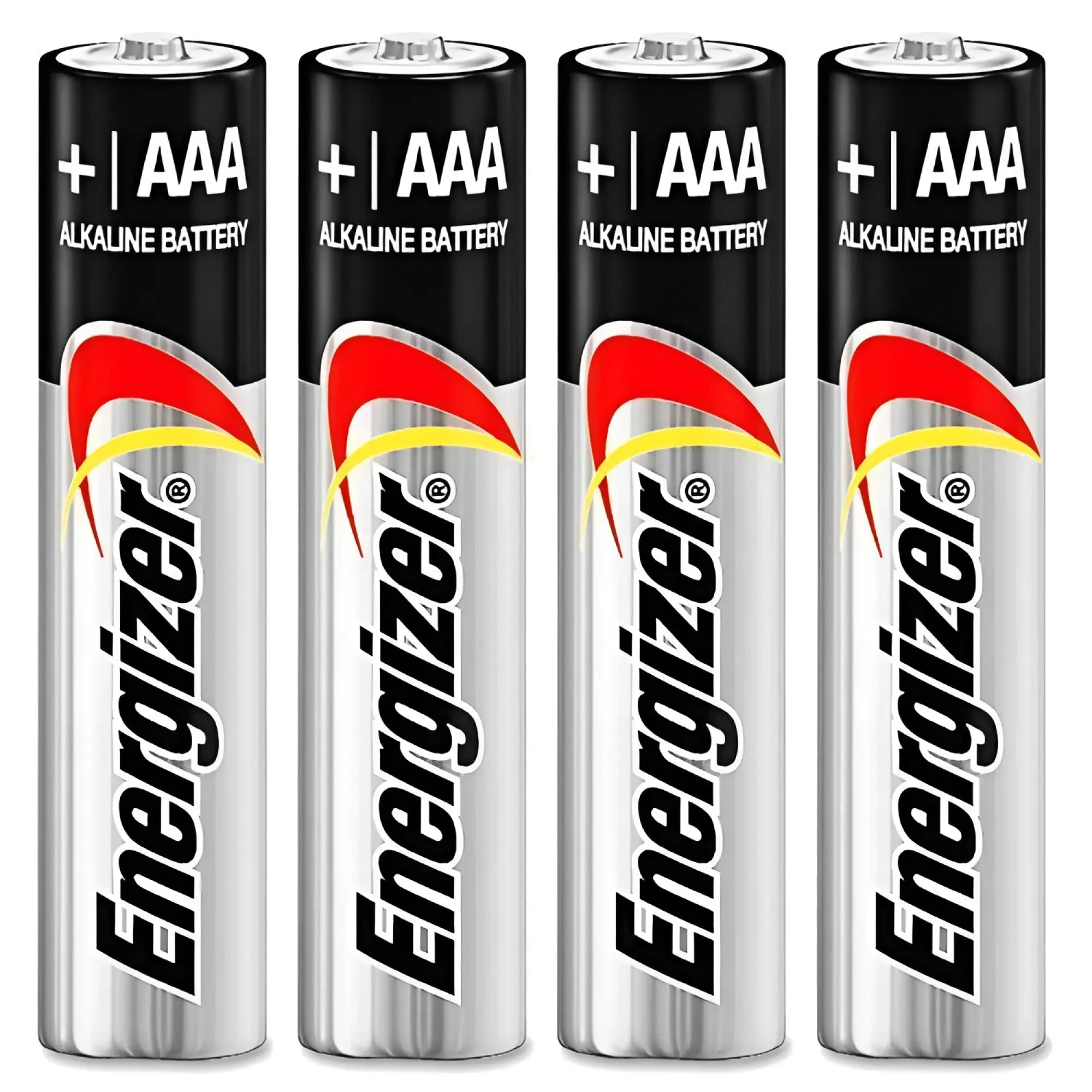 Four Energizer AAA alkaline batteries in black and silver with the iconic Energizer logo, displayed side-by-side.