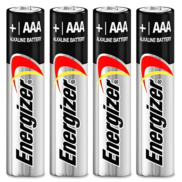 Four Energizer AAA alkaline batteries in black and silver with the iconic Energizer logo, displayed side-by-side.