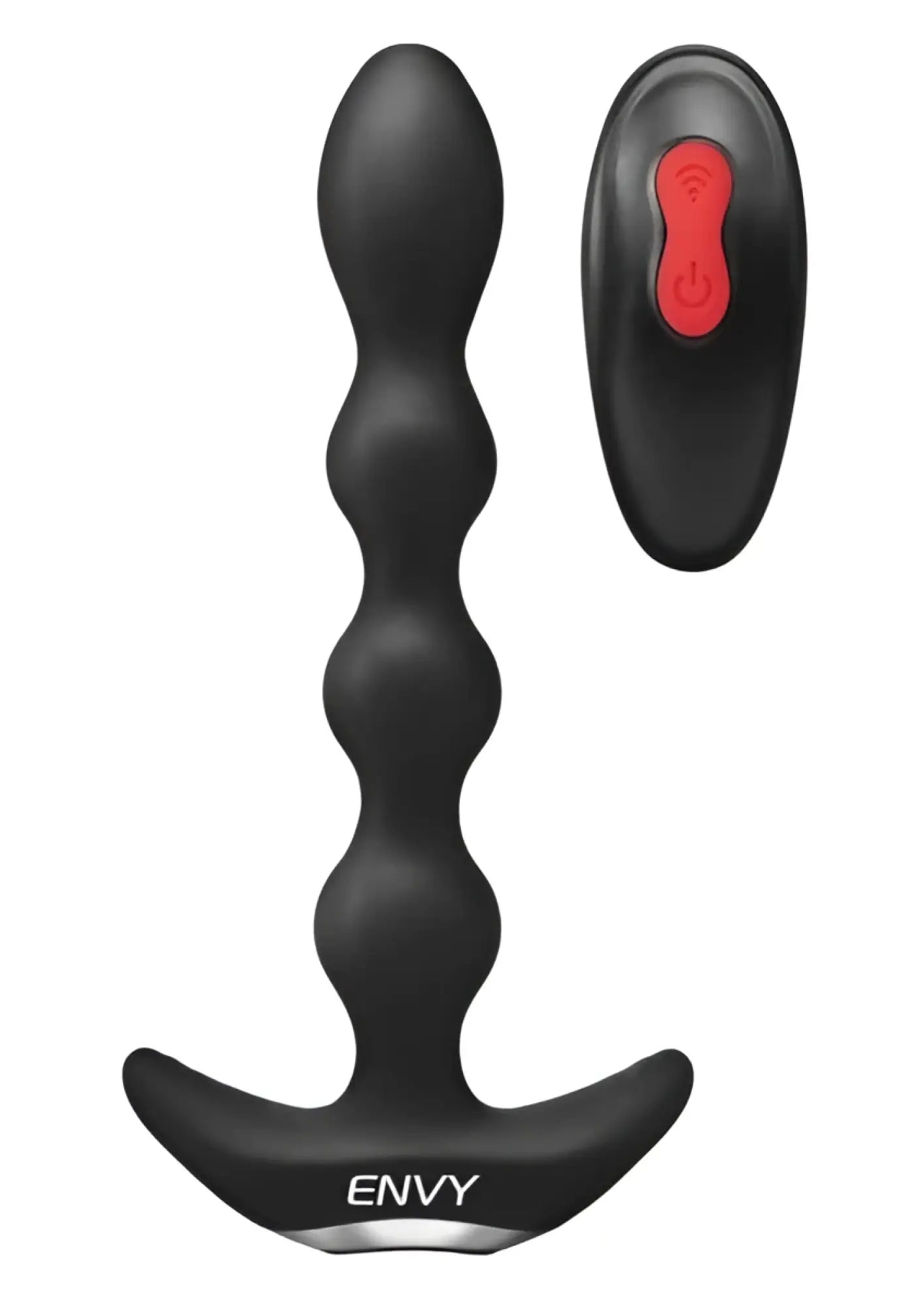 Black Envy remote-controlled anal plug with red power button and textured bead design in Envy Deep Reach Black model