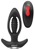Envy Enticer Black remote-controlled anal plug by Black Envy with textured ridged surface and black remote with red power button