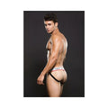 Black and white envy logo elastic lowrise mesh jockstrap with red trim in size M/L shown from the front