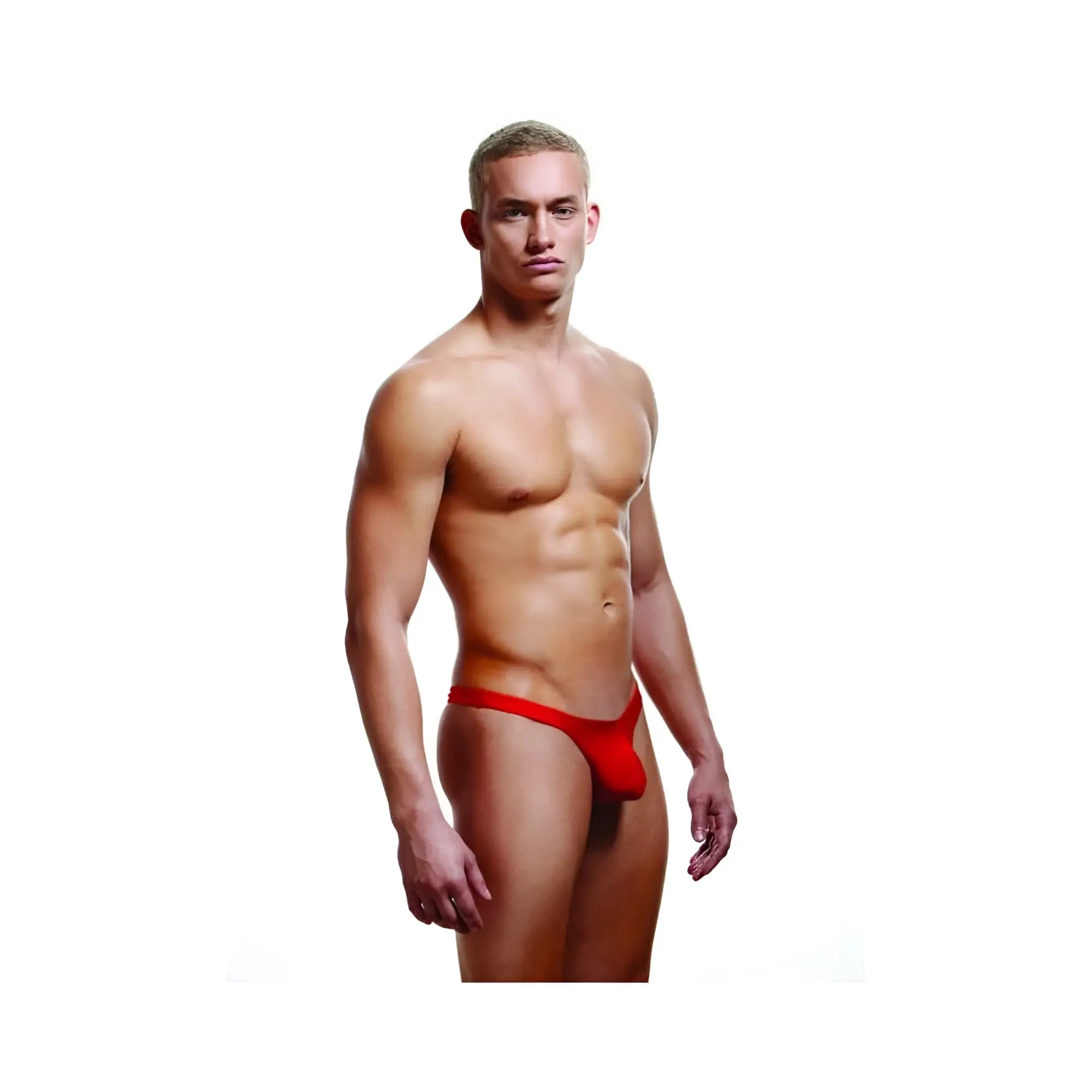 Red envy low rise thong s/m made of stretchy fabric shown from the back in a form-fitting design