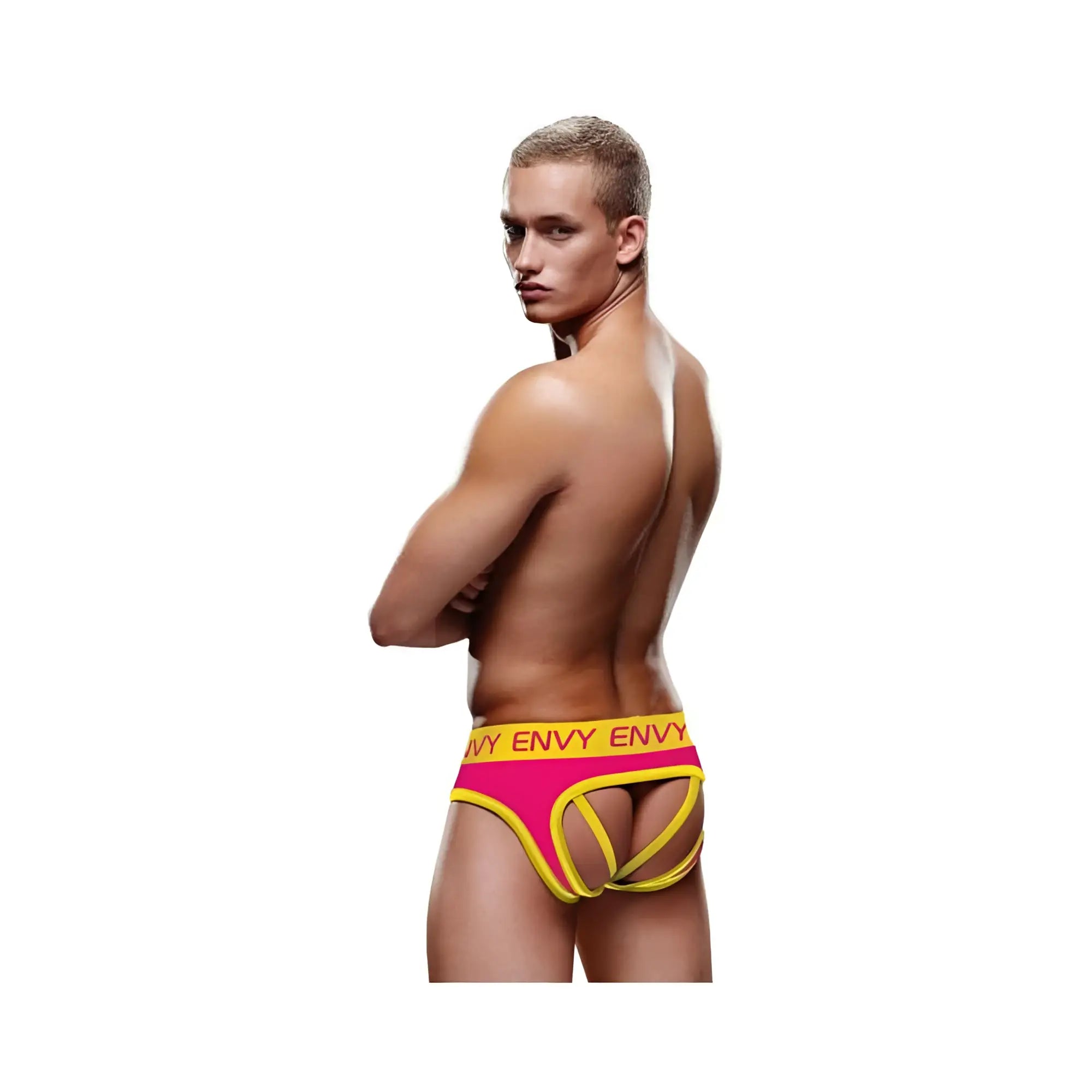 Men’s bright pink and yellow Envy Solid Jock briefs with bold branded waistband in size M/L