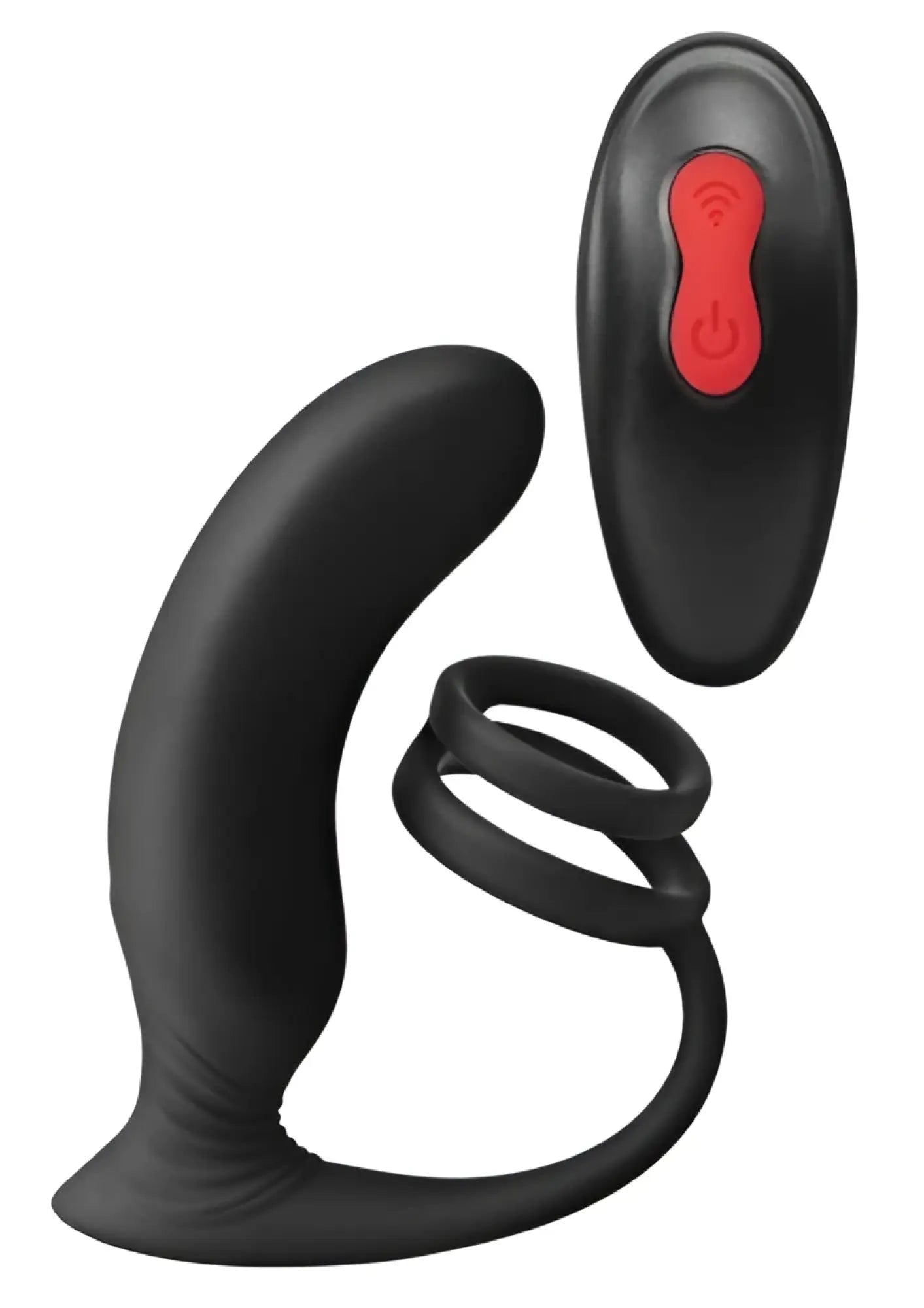 Black silicone remote-controlled prostate massager with dual-ring attachment from Envy Thumbs Up Black collection