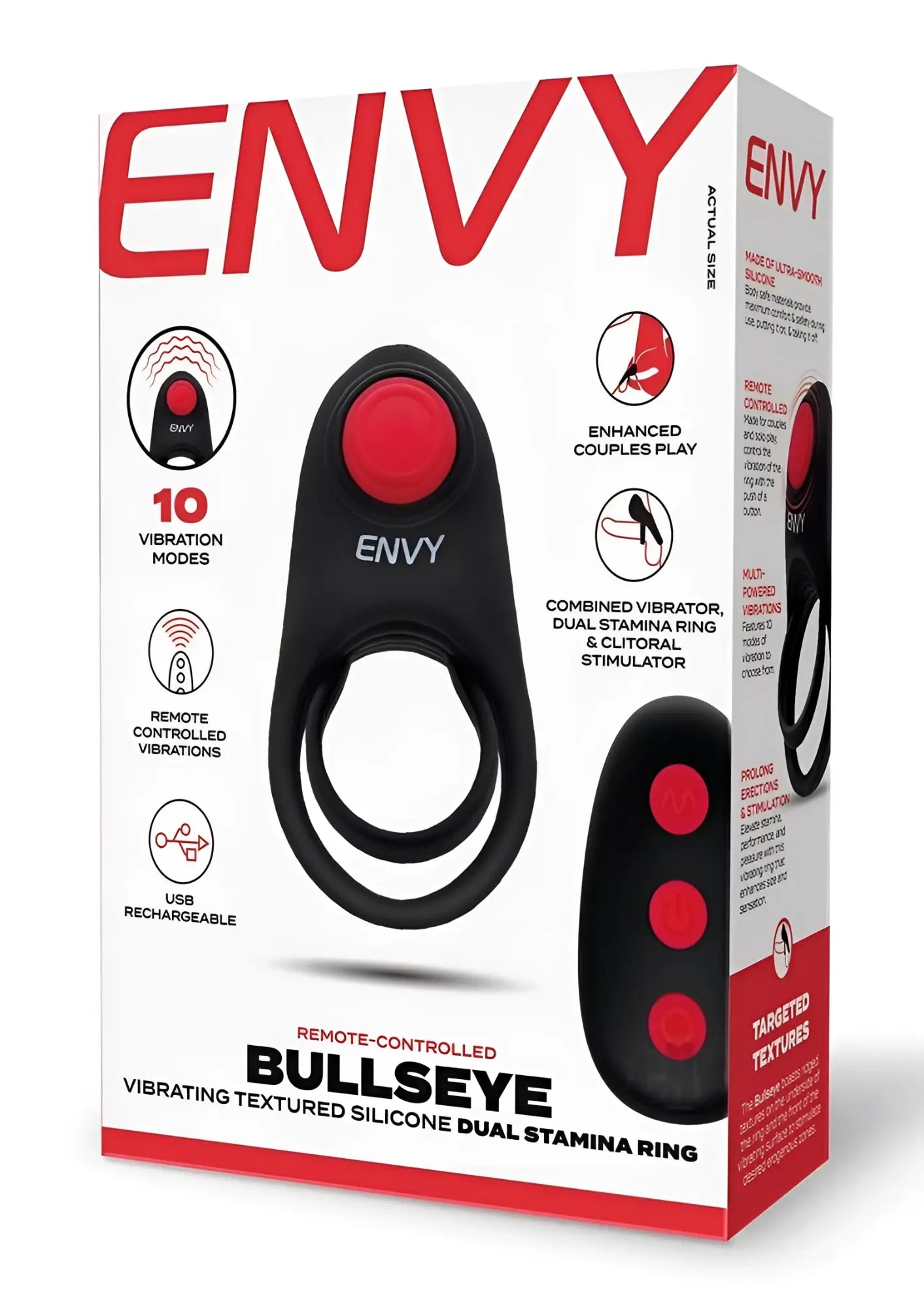 Black silicone envy toys bullseye remote stamina ring with red button and textured surface for dual stimulation
