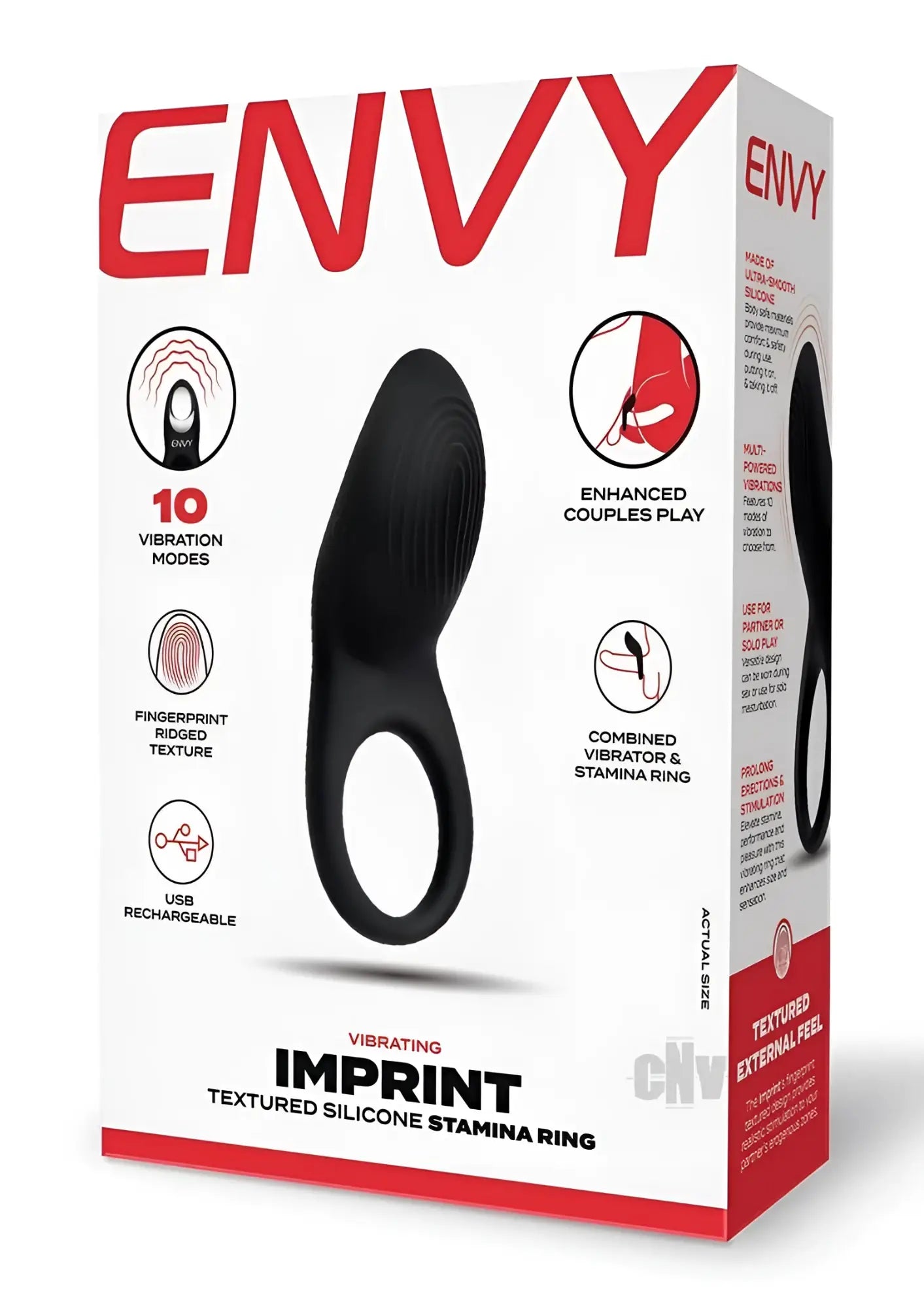 Black silicone vibrating stamina ring with textured ridged surface and central hole by Envy Toys Imprint