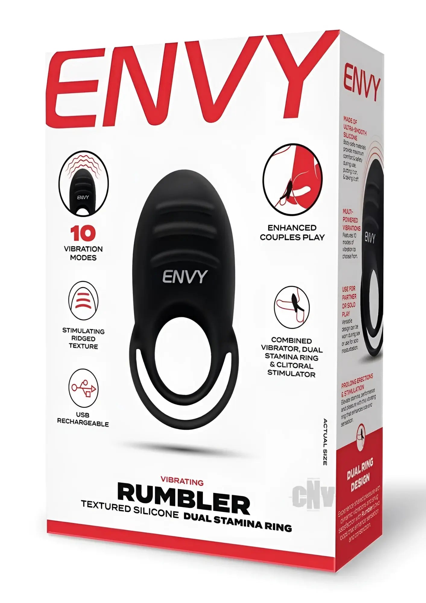 Black textured silicone envy toys rumbler dual stamina ring with ergonomic design and ridged surface for stimulation