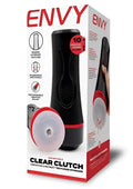Black and red envy clear clutch vibrating textured stroker with clear squeezable base by envy toys