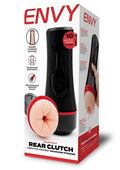 Black and red envy rear clutch vibrating discreet backdoor stoker with peach squeezable silicone head shown from back side