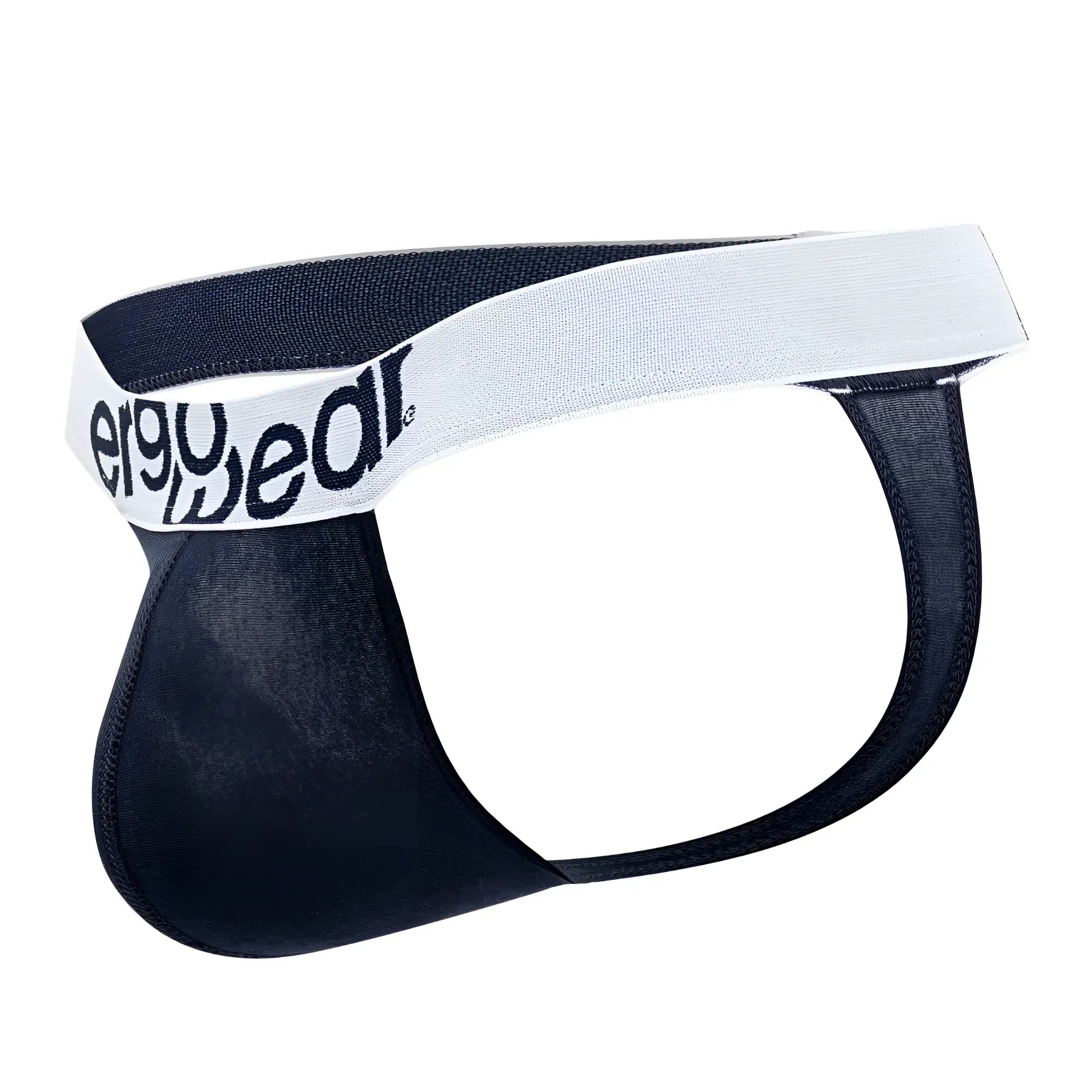 Black ergowear mens briefs with white elastic waistband and black logo lettering in navy blue cotton fabric