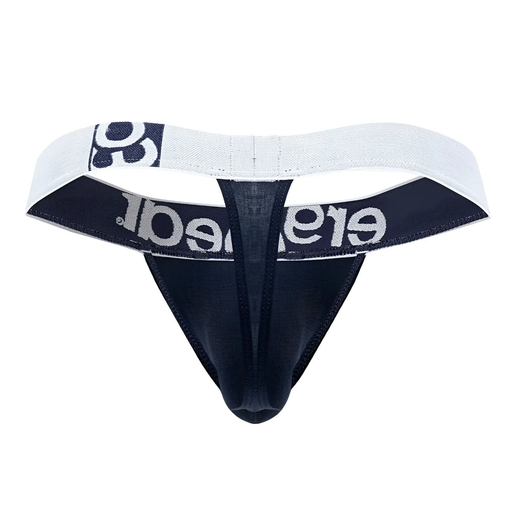 Black and white ErgoWear EW1470 MAX cotton thong with textured fabric and elegant silver lettering on the waistband