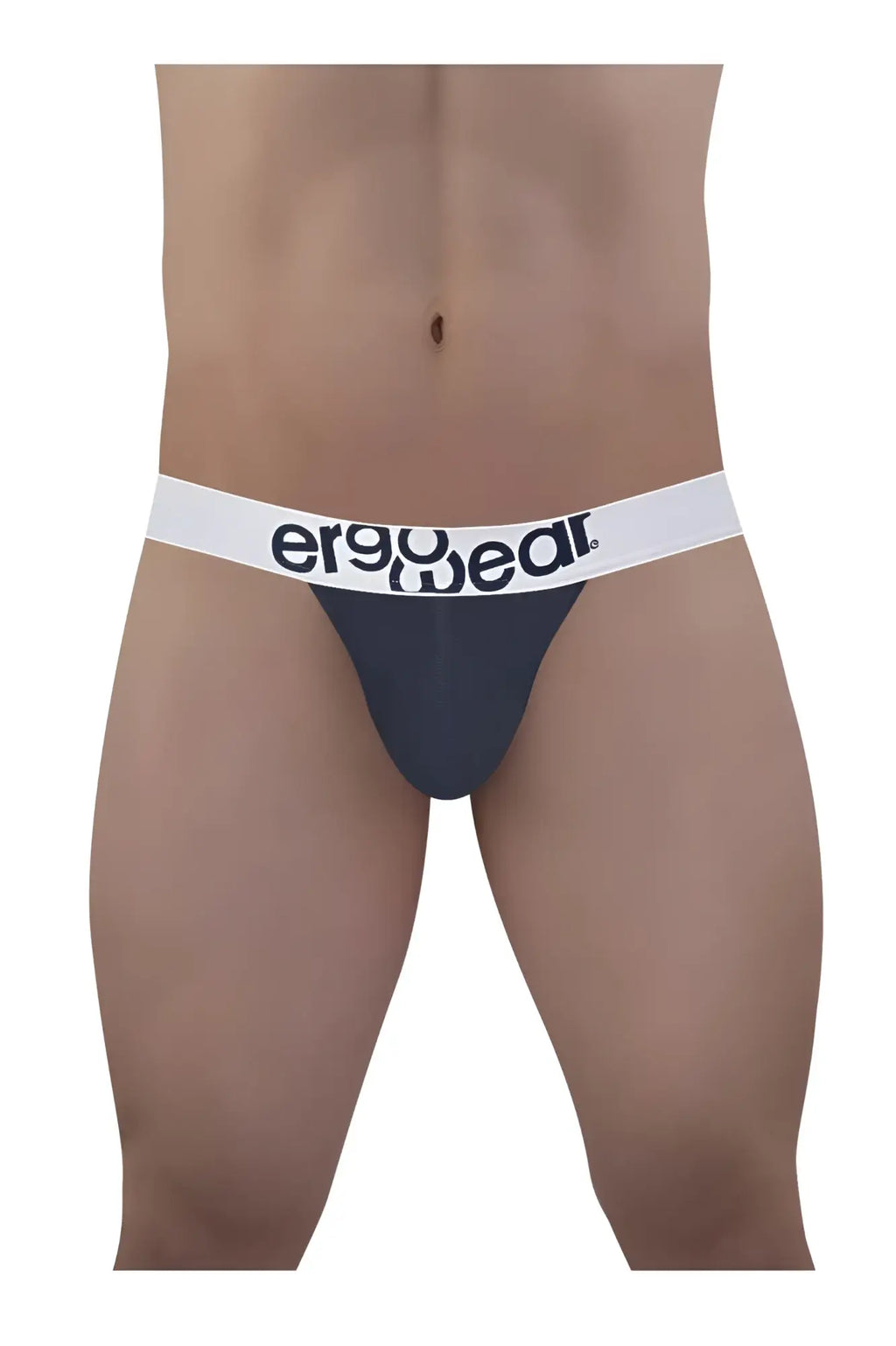 Dark gray ergonomic brief with white waistband and ergogear logo in black for ergonomic support in navy blue cotton thong style