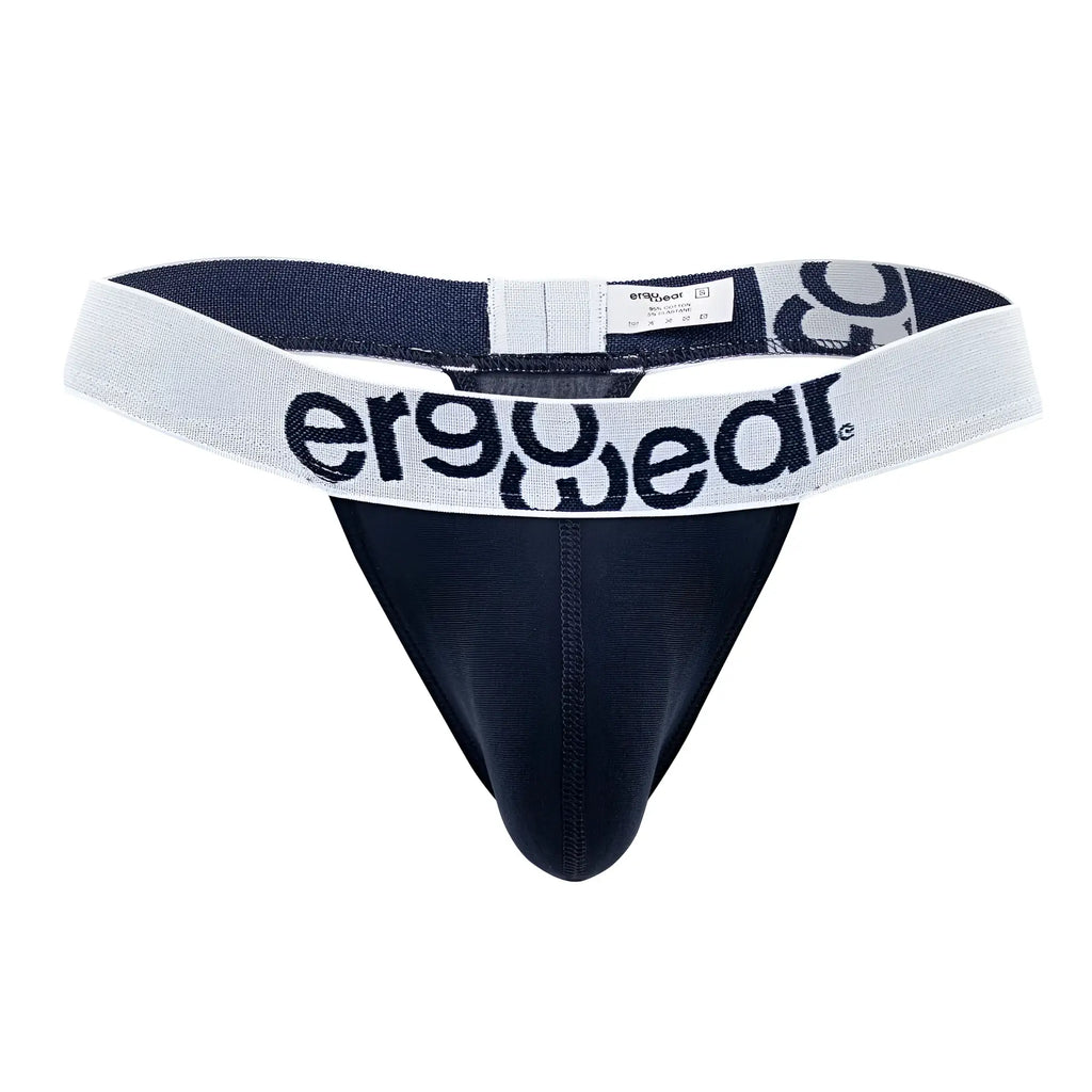 Navy blue ergonomic cotton thong with white elastic waistband featuring ergowear logo in black lettering