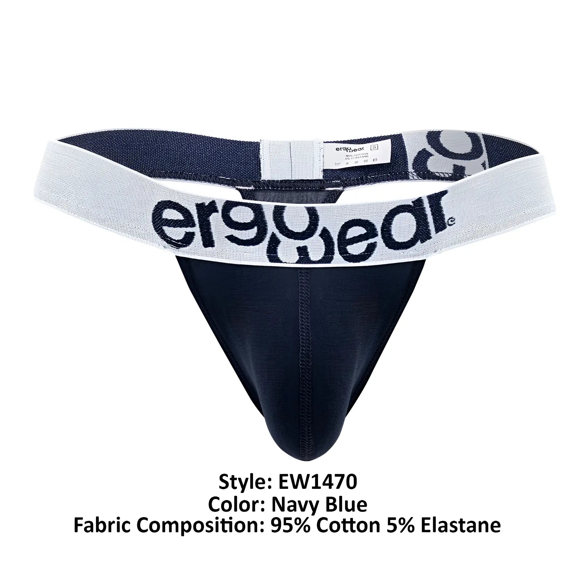 Navy blue ergonomic cotton thong with white elastic waistband featuring ergowear logo in black lettering front view