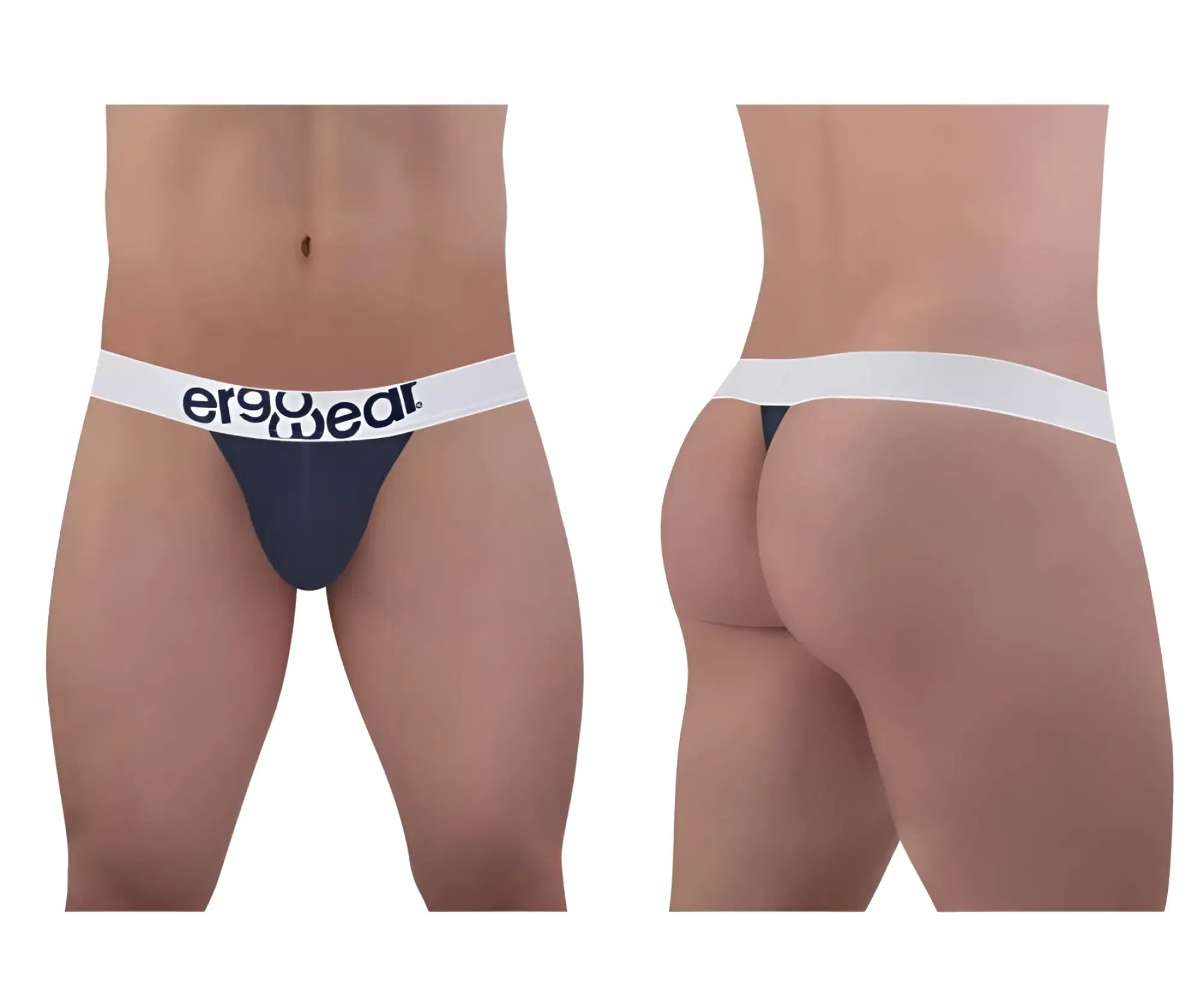 Navy blue ergo wear cotton thong with white waistband and black logo detail front view from ergo wear ew1470 max cotton thongs