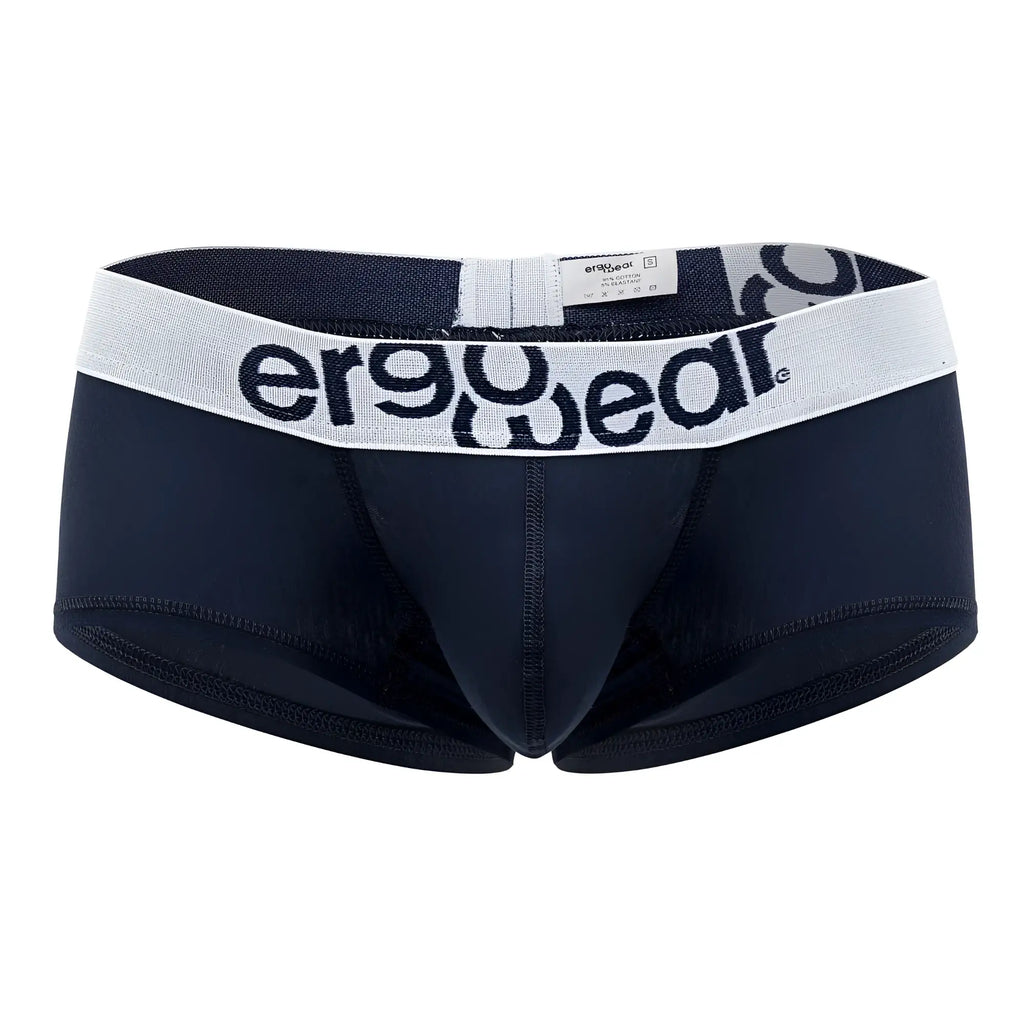 Black ergonomic briefs with a white waistband and ergowear logo in black lettering for comfort and support