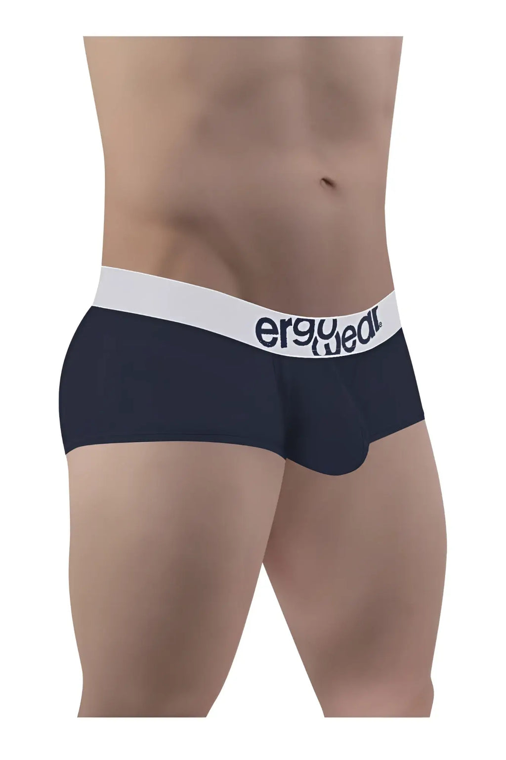 Navy blue ergonomic cotton briefs with a white waistband featuring the ErgoWear logo in black text