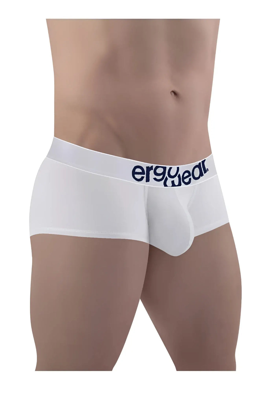 White ergonomic cotton trunks with a navy blue ergo wear logo on the waistband for comfortable support