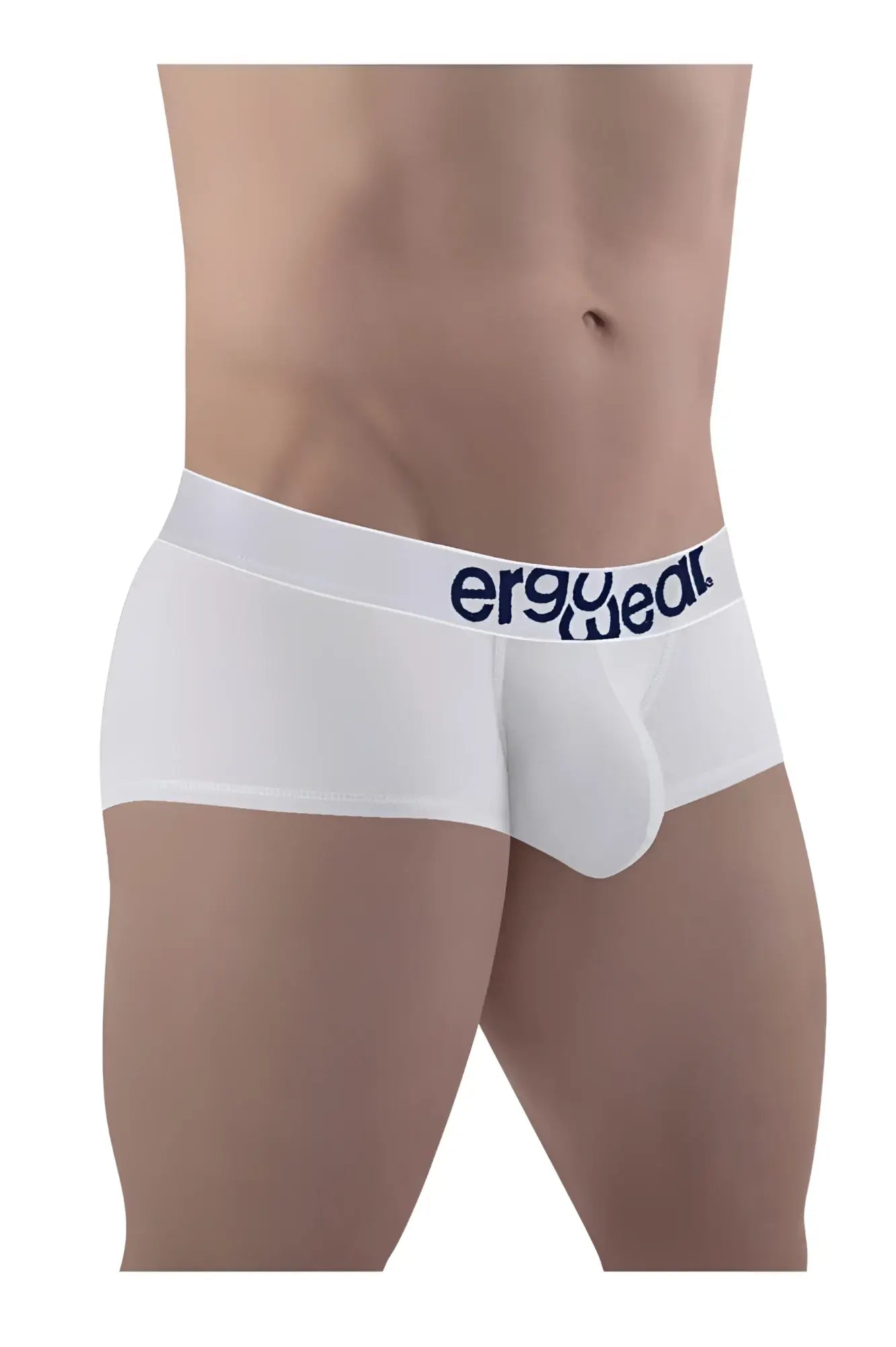 White ergonomic cotton trunks with a navy blue ergo wear logo on the waistband for comfortable support