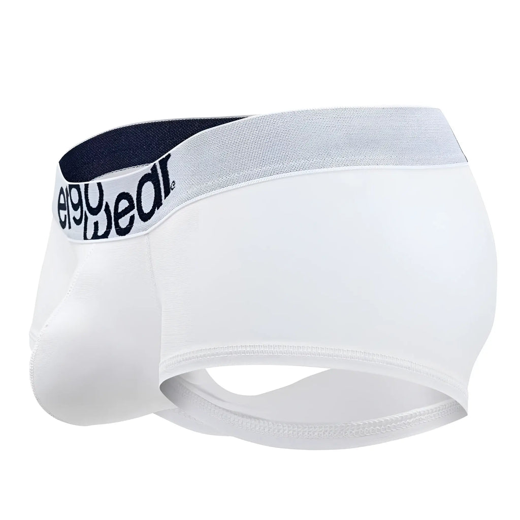 White ergo wear ew1476 max cotton trunks with gray navy waistband and ego wear logo for comfortable daily wear