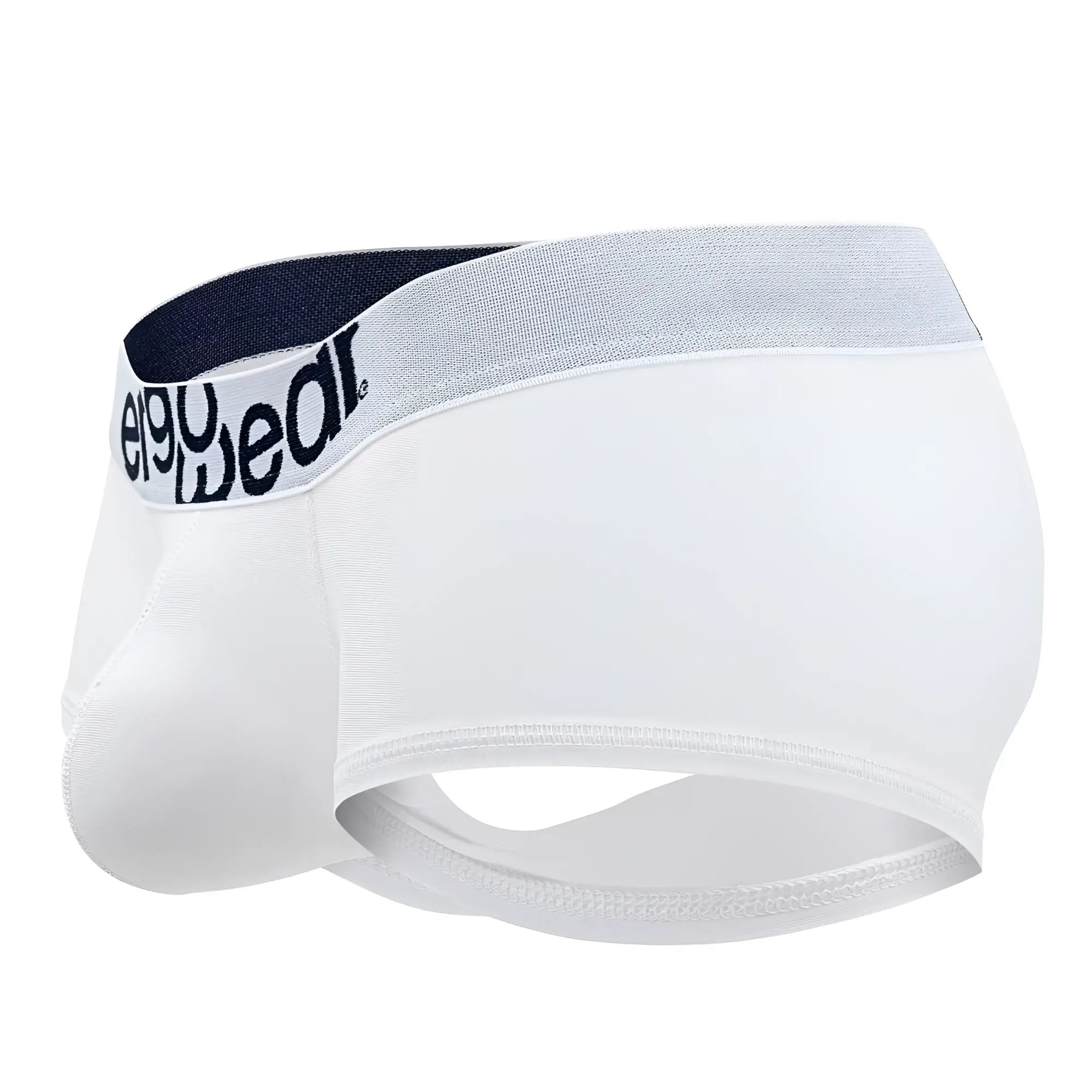 White ergo wear ew1476 max cotton trunks with gray navy waistband and ego wear logo for comfortable daily wear