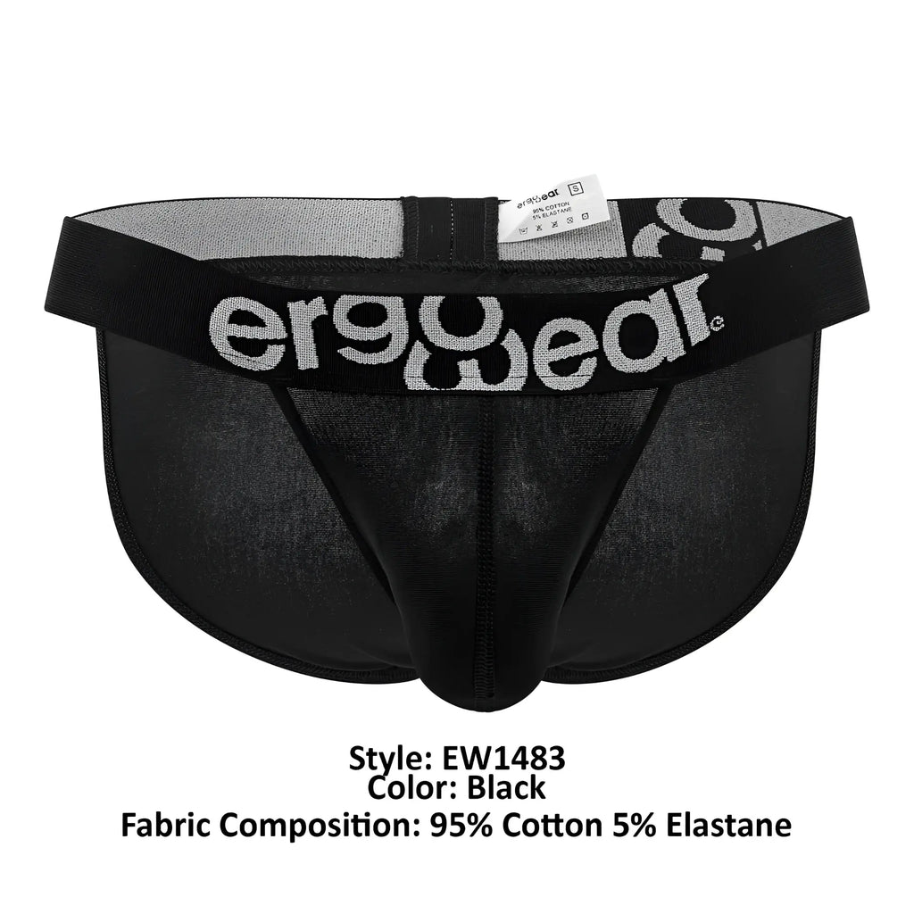 Black ergonomic briefs ergo wear ew1483 max cotton bikini made of 95% cotton 5% elastane with gray logo waistband