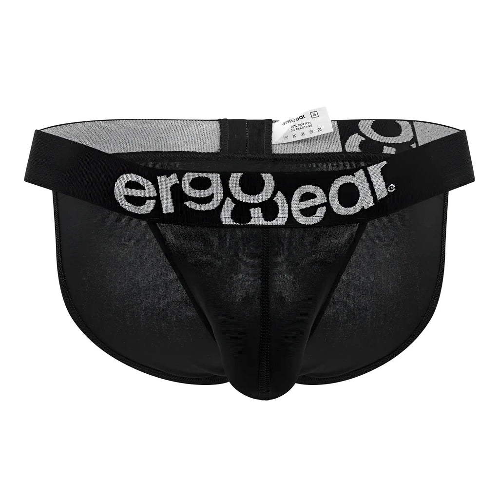 Black ergonomic cotton bikini briefs with gray and white ergo wear logo on waistband for comfortable support