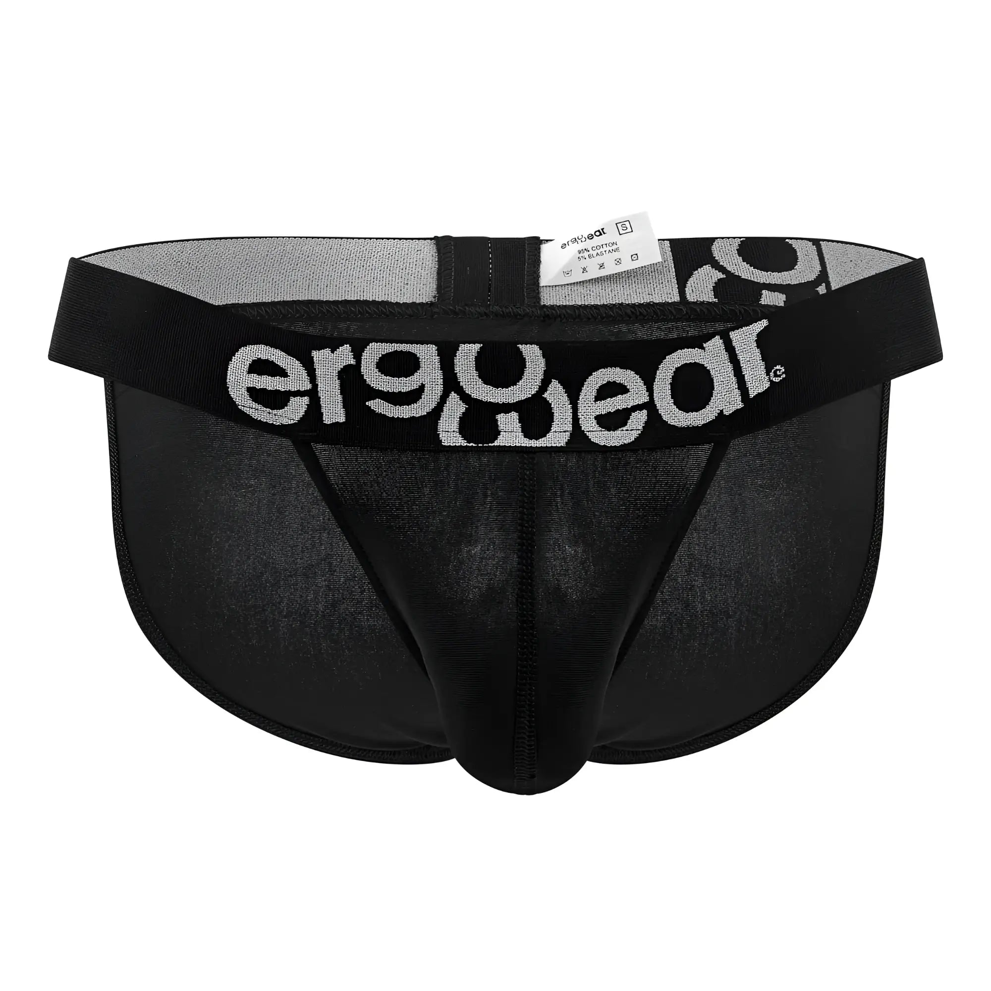 Black ergonomic cotton bikini briefs with gray and white ergo wear logo on waistband for comfortable support