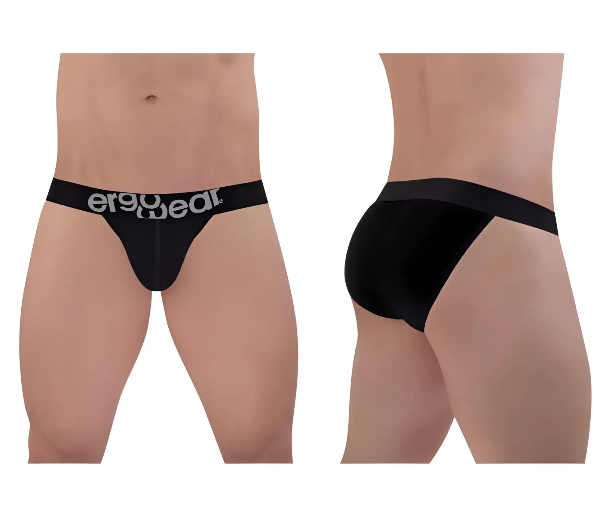 Black ergonomic briefs with white ergo gear branding on the waistband made of max cotton in bikini style
