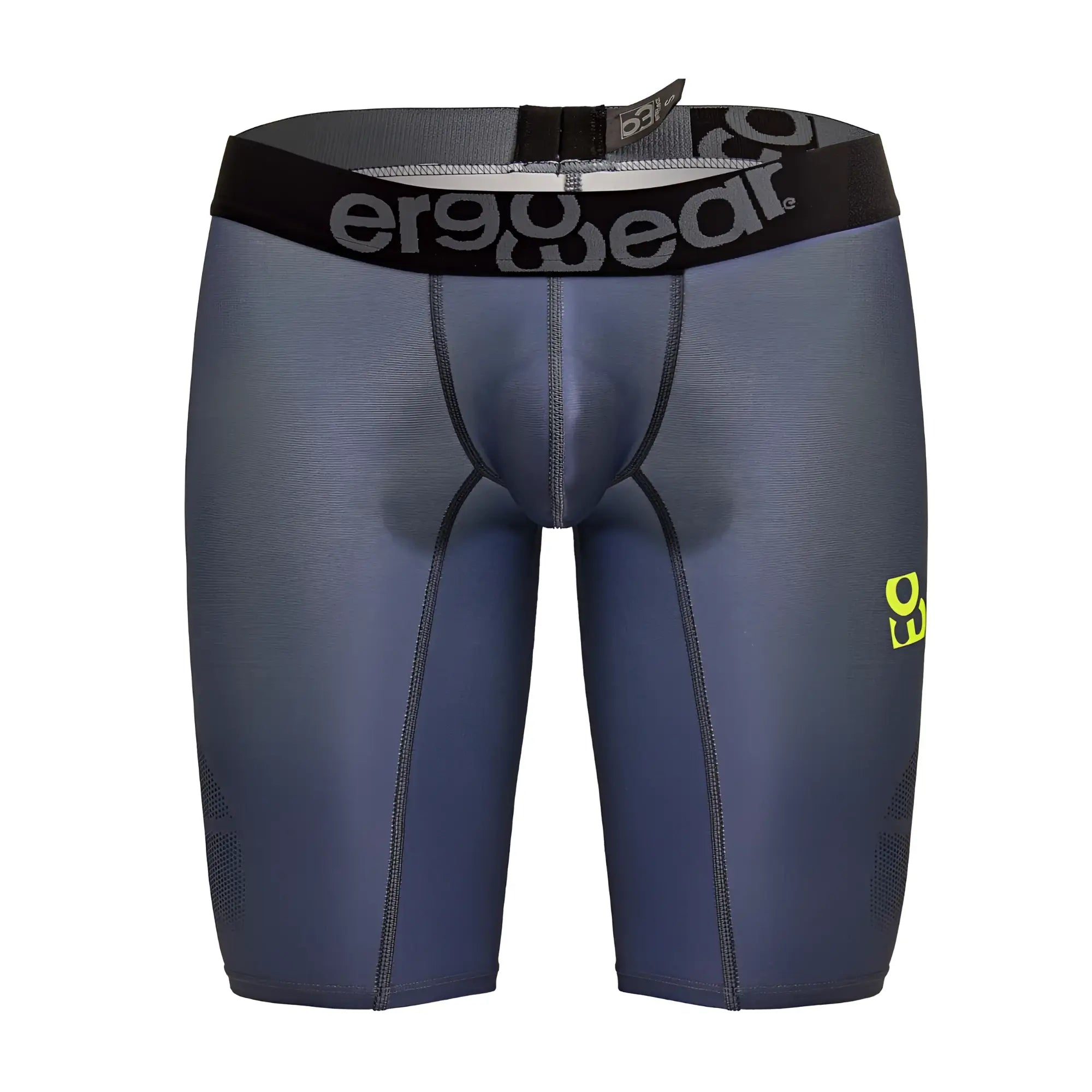 Dark gray ergo wear ew1603 max se athletic compression shorts with black waistband and neon green branding on side