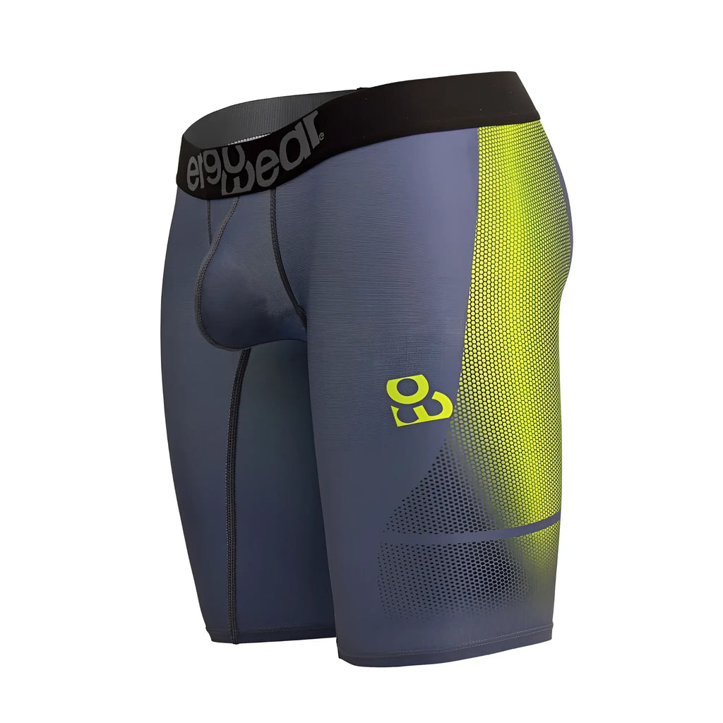 Dark gray and neon yellow gradient compression shorts with black waistband and eigo wear logo for athletic use