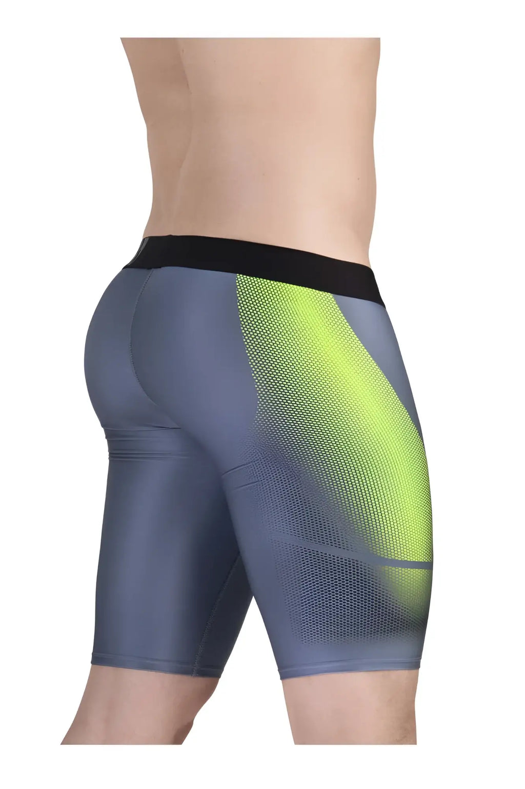 ErgoWear EW1603 MAX SE gray and neon green athletic shorts with black waistband and mesh side pattern for sports