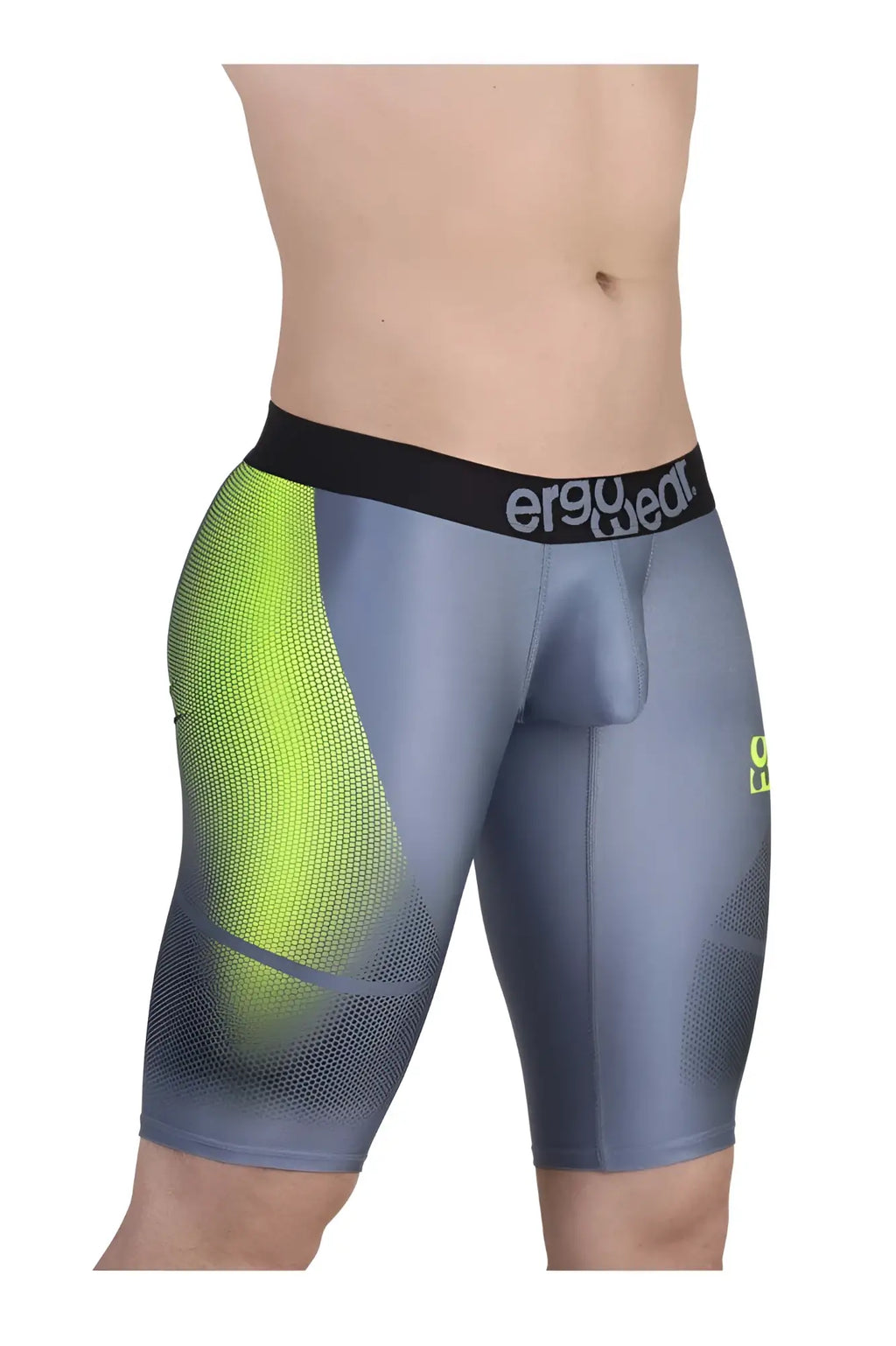 Gray and neon green ergo wear ew1603 max se athletic compression shorts with black waistband for performance use