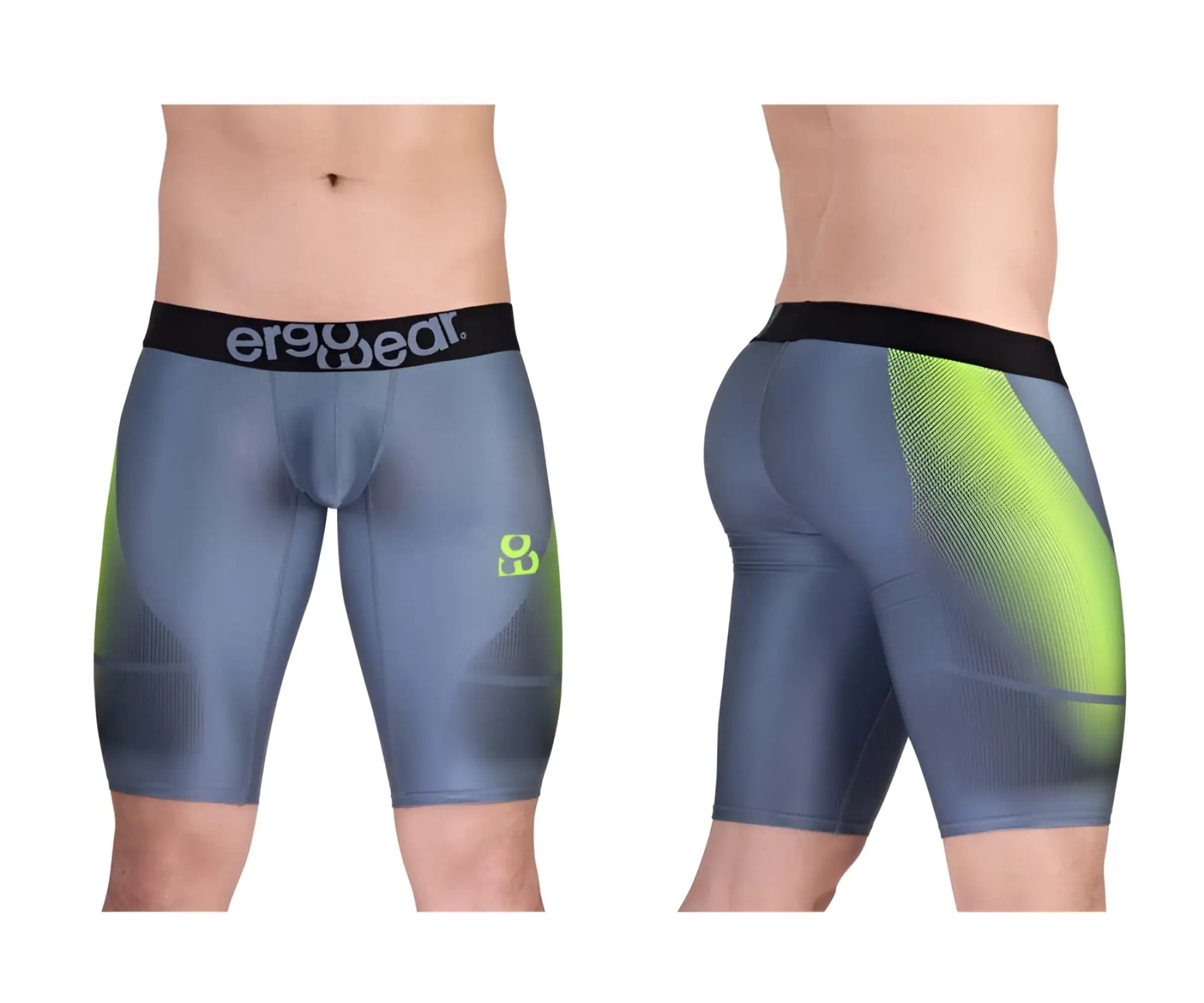 Ergowear ew1603 max se gray and neon green athletic compression shorts with black waistband for sports use