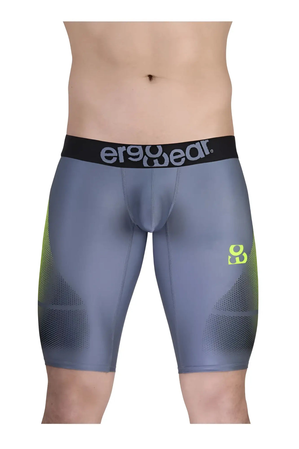 Gray and neon green ergo wear ew1603 max se ergonomic compression athletic shorts with black waistband and logo