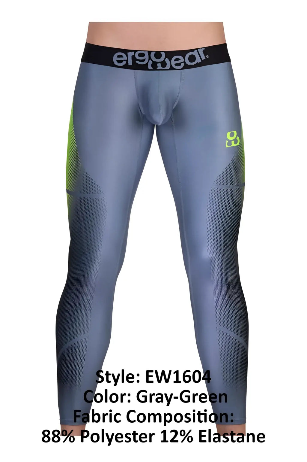 Gray-green ergowear ew1604 max se athletic leggings with black waistband and neon green side panels made of polyester and elastane