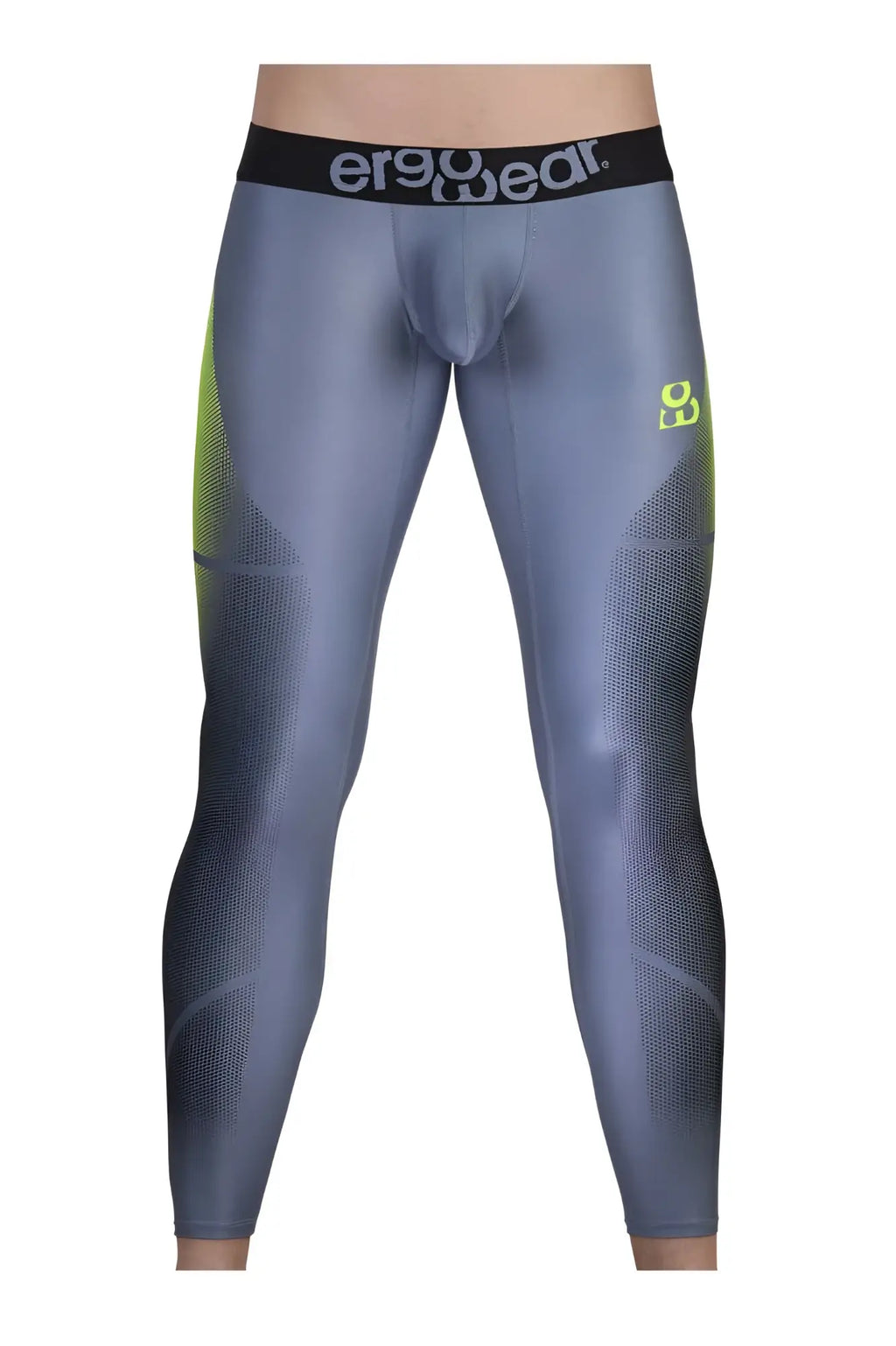Gray and neon green ergonomic compression leggings with black waistband and ergowear logo for athletic use