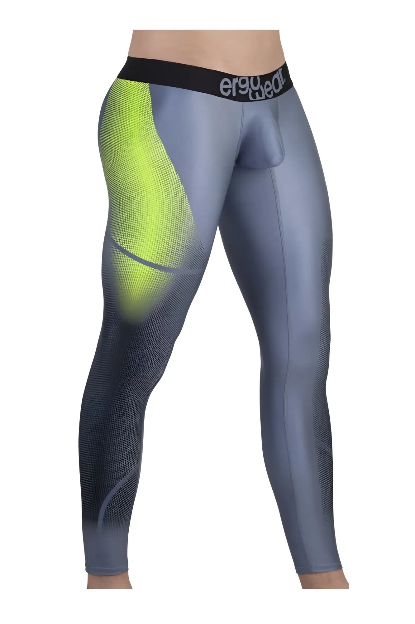 Gray and neon yellow gradient compression leggings with mesh texture and ergo wear logo on waistband gray green color