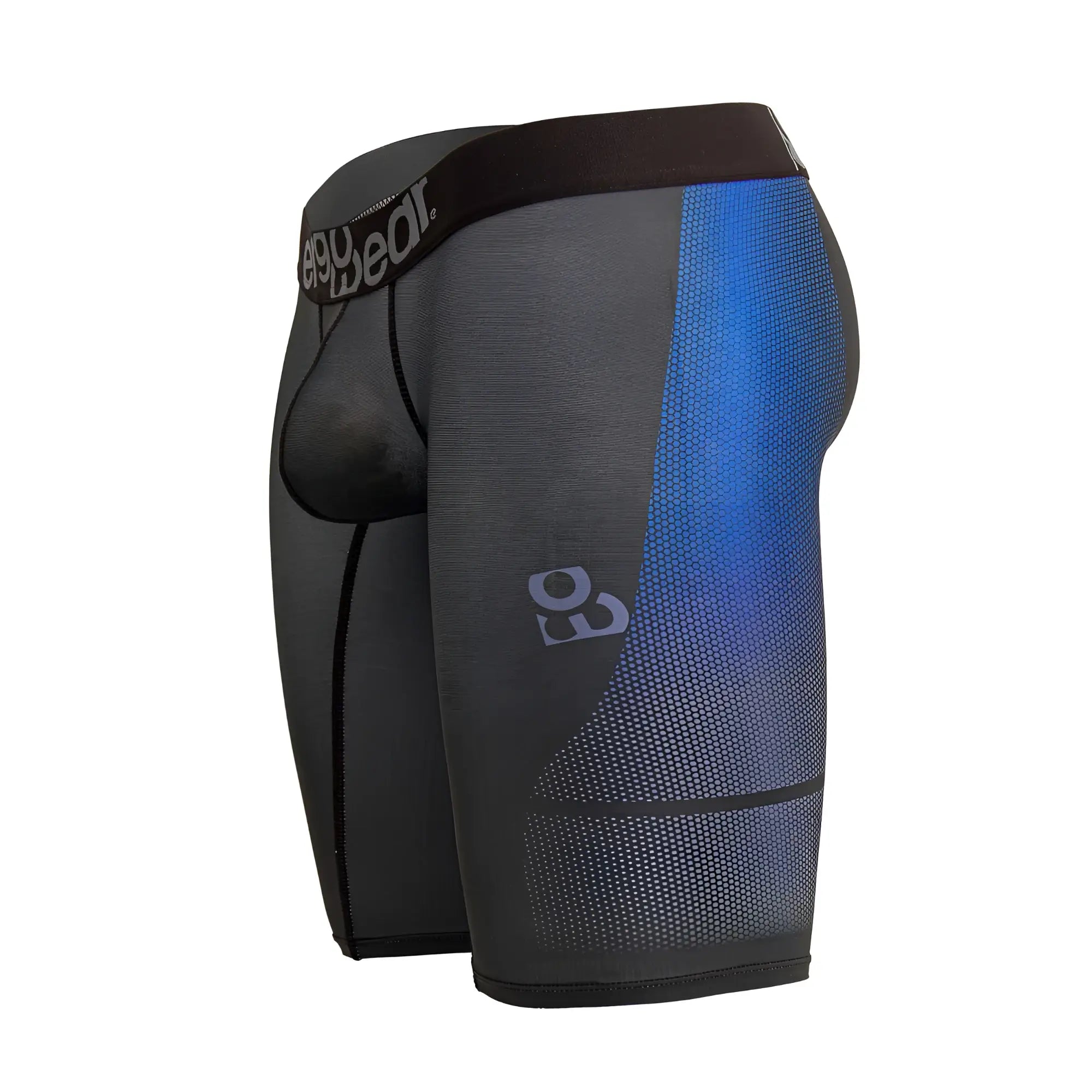 Black and blue gradient ergoWear ew1605 max se athletic compression shorts with mesh texture and deep bear logo on waistband