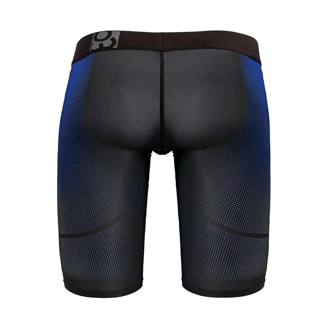 ErgoWear EW1605 MAX SE athletic shorts in dark gray with black and blue gradient compression and textured mesh design